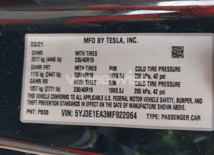 Photo 9 of 2021 Tesla Model 3 STANDARD RANGE PLUS REAR-WHEEL DRIVE (VIN 5YJ3E1EA3MF922064)