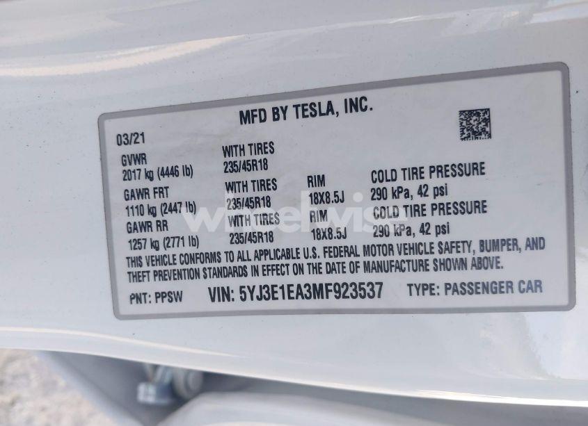 Photo 9 of 2021 Tesla Model 3 STANDARD RANGE PLUS REAR-WHEEL DRIVE (VIN 5YJ3E1EA3MF923537)