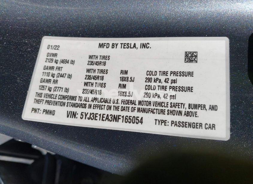 Photo 9 of 2022 Tesla Model 3 REAR-WHEEL DRIVE (VIN 5YJ3E1EA3NF165054)