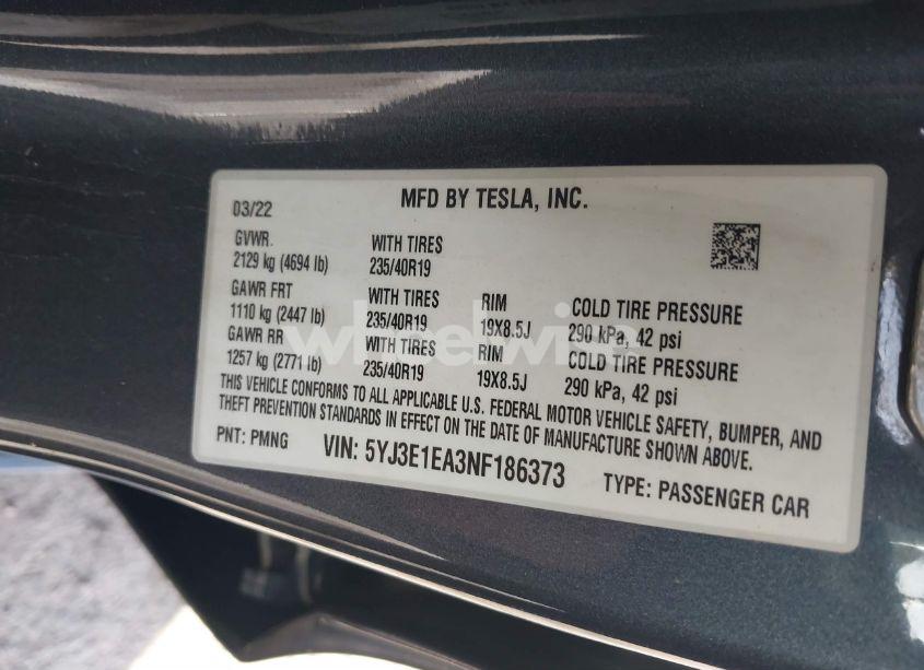 Photo 9 of 2022 Tesla Model 3 REAR-WHEEL DRIVE (VIN 5YJ3E1EA3NF186373)