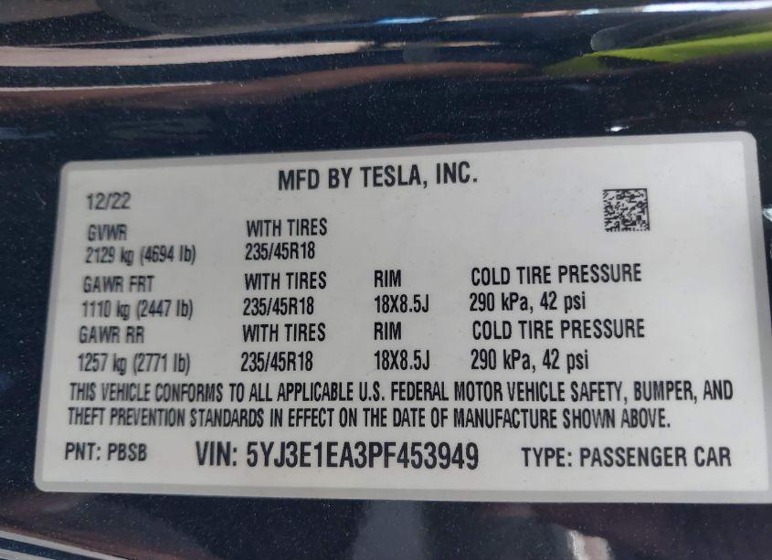 Photo 9 of 2023 Tesla Model 3 REAR-WHEEL DRIVE (VIN 5YJ3E1EA3PF453949)