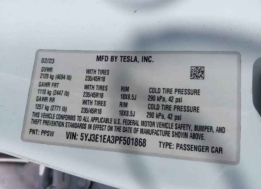 Photo 9 of 2023 Tesla Model 3 REAR-WHEEL DRIVE (VIN 5YJ3E1EA3PF501868)