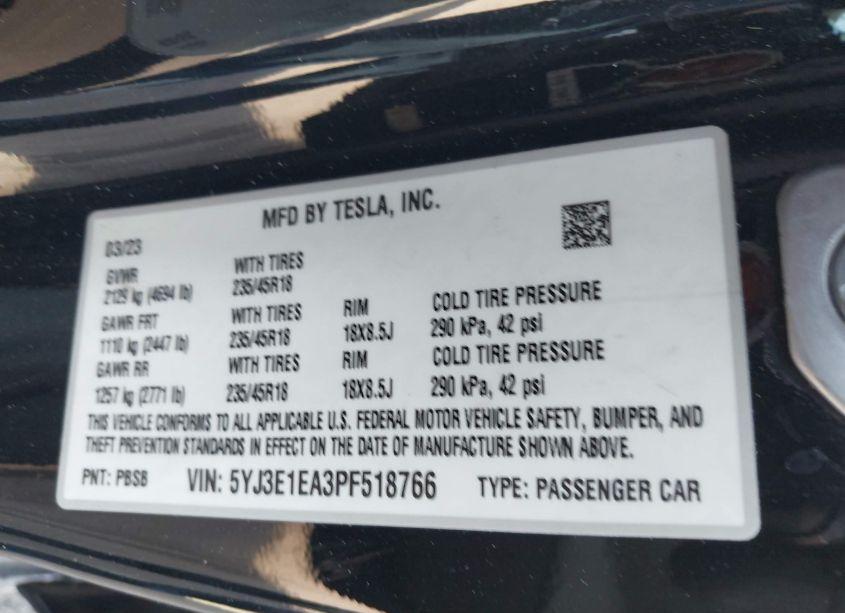 Photo 9 of 2023 Tesla Model 3 REAR-WHEEL DRIVE (VIN 5YJ3E1EA3PF518766)