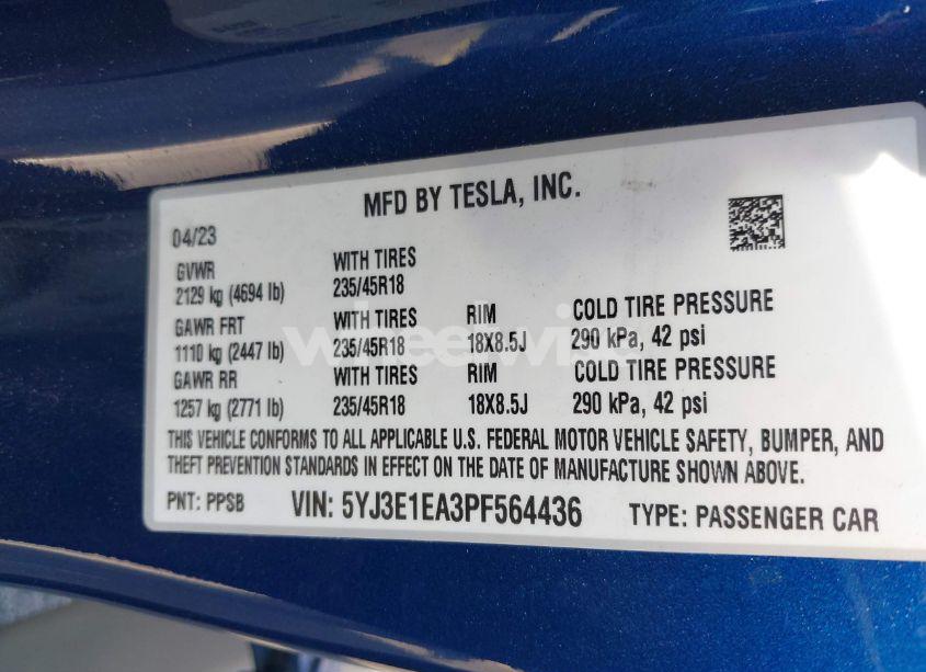 Photo 9 of 2023 Tesla Model 3 REAR-WHEEL DRIVE (VIN 5YJ3E1EA3PF564436)