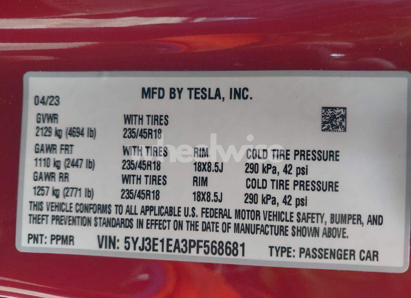 Photo 9 of 2023 Tesla Model 3 REAR-WHEEL DRIVE (VIN 5YJ3E1EA3PF568681)