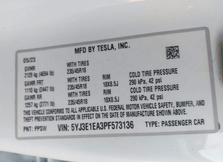 Photo 9 of 2023 Tesla Model 3 REAR-WHEEL DRIVE (VIN 5YJ3E1EA3PF573136)