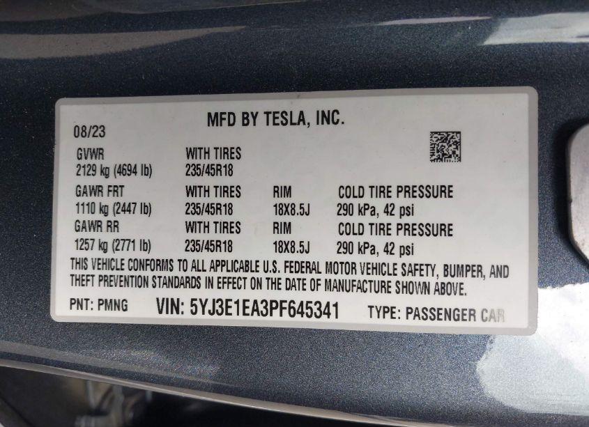 Photo 9 of 2023 Tesla Model 3 REAR-WHEEL DRIVE (VIN 5YJ3E1EA3PF645341)