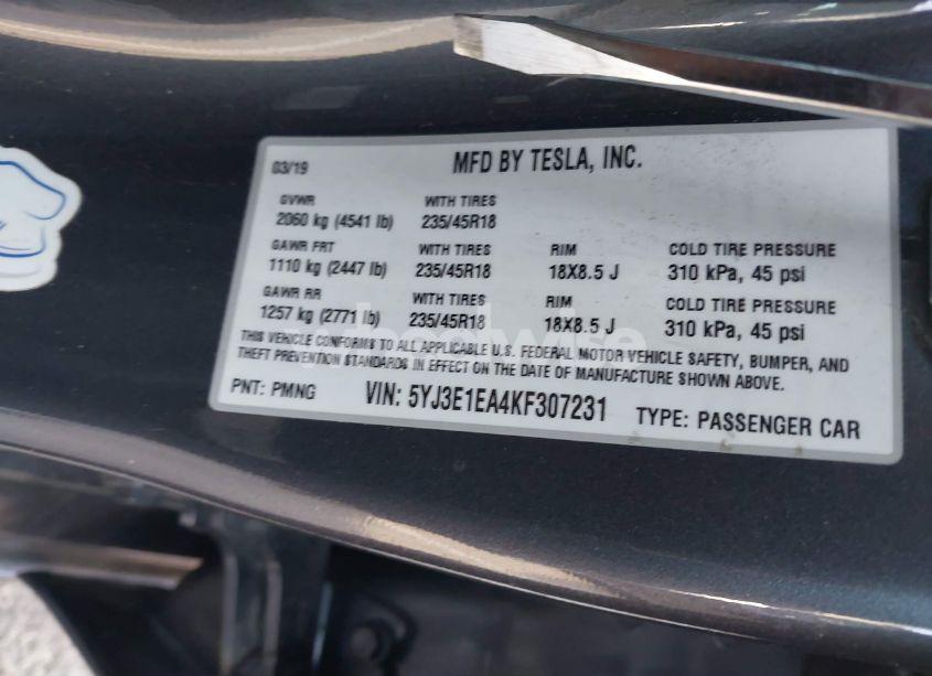 Photo 9 of 2019 Tesla Model 3 LONG RANGE/MID RANGE/STANDARD RANGE/STANDARD RANGE PLUS (VIN 5YJ3E1EA4KF307231)