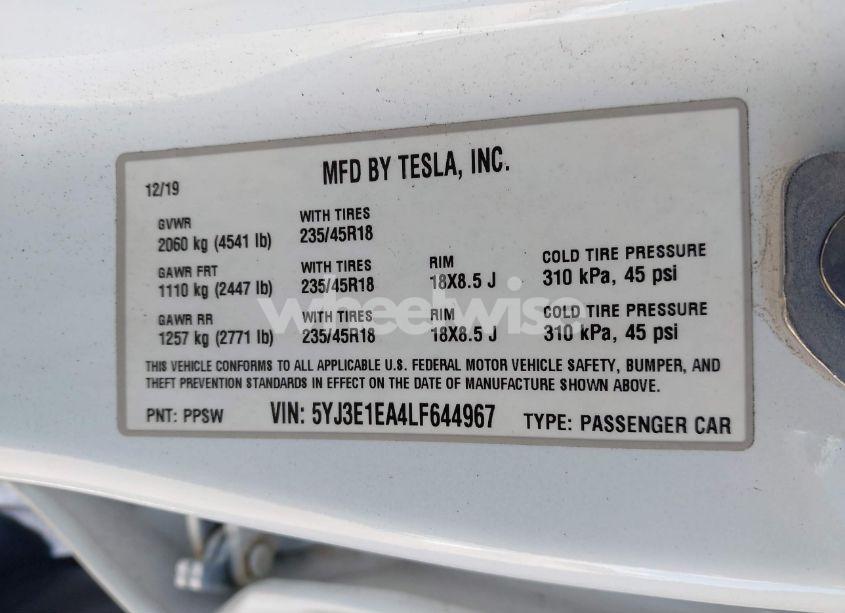 Photo 9 of 2020 Tesla Model 3 STANDARD RANGE PLUS REAR-WHEEL DRIVE/STANDARD RANGE REAR-WHEEL DRIVE (VIN 5YJ3E1EA4LF644967)