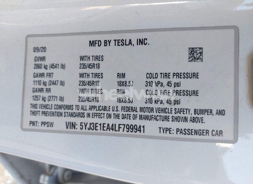 Photo 9 of 2020 Tesla Model 3 STANDARD RANGE PLUS REAR-WHEEL DRIVE/STANDARD RANGE REAR-WHEEL DRIVE (VIN 5YJ3E1EA4LF799941)
