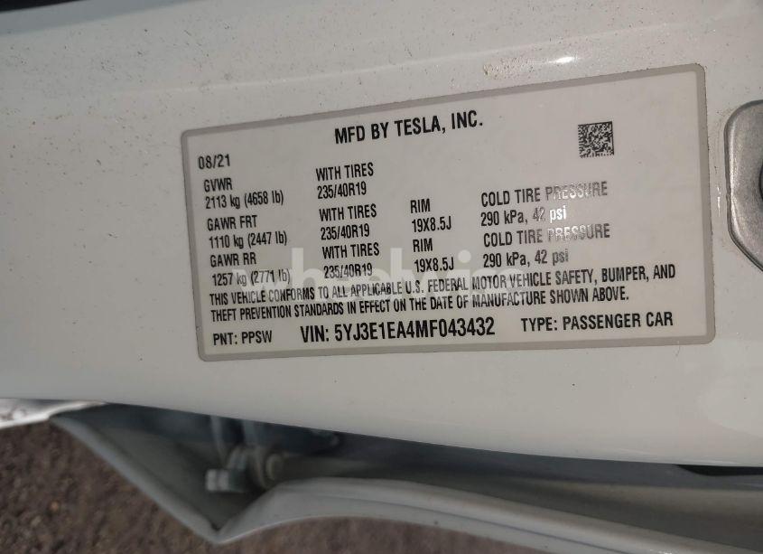 Photo 9 of 2021 Tesla Model 3 STANDARD RANGE PLUS REAR-WHEEL DRIVE (VIN 5YJ3E1EA4MF043432)