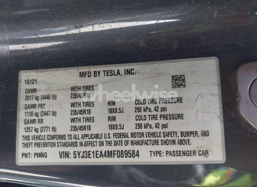 Photo 9 of 2021 Tesla Model 3 STANDARD RANGE PLUS REAR-WHEEL DRIVE (VIN 5YJ3E1EA4MF089584)