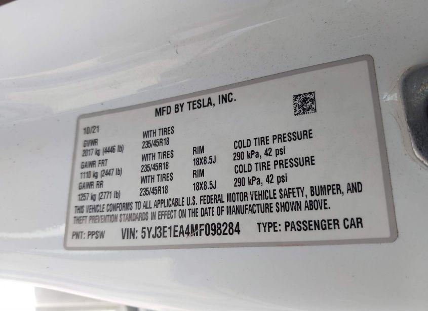 Photo 9 of 2021 Tesla Model 3 STANDARD RANGE PLUS REAR-WHEEL DRIVE (VIN 5YJ3E1EA4MF098284)