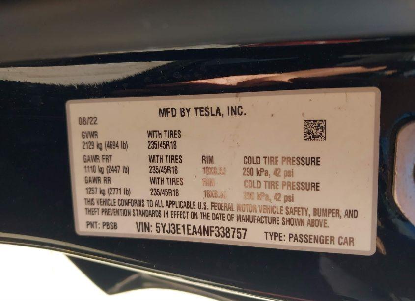 Photo 9 of 2022 Tesla Model 3 REAR-WHEEL DRIVE (VIN 5YJ3E1EA4NF338757)