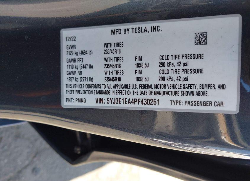 Photo 9 of 2023 Tesla Model 3 REAR-WHEEL DRIVE (VIN 5YJ3E1EA4PF430261)