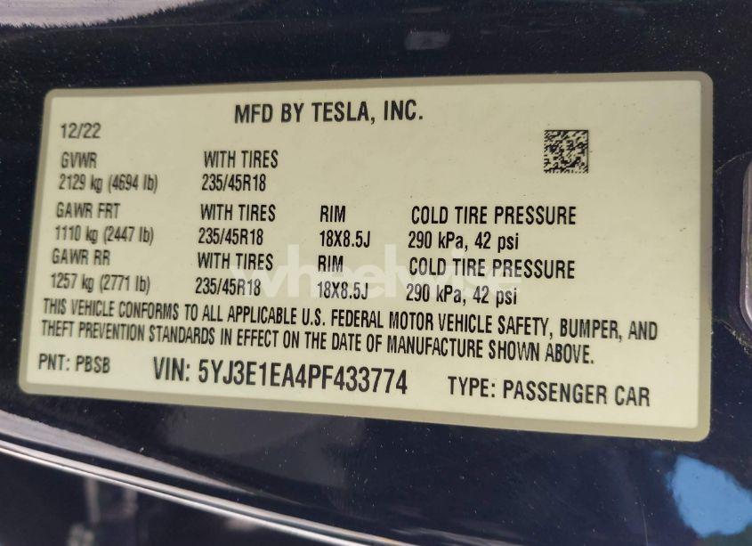 Photo 9 of 2023 Tesla Model 3 REAR-WHEEL DRIVE (VIN 5YJ3E1EA4PF433774)
