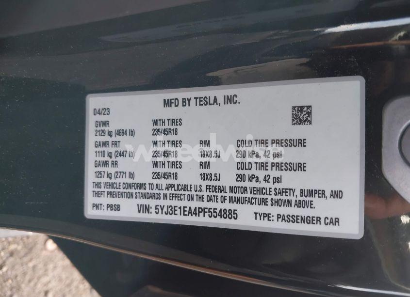 Photo 9 of 2023 Tesla Model 3 REAR-WHEEL DRIVE (VIN 5YJ3E1EA4PF554885)