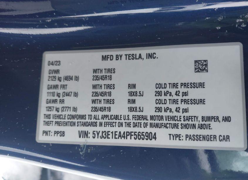 Photo 9 of 2023 Tesla Model 3 REAR-WHEEL DRIVE (VIN 5YJ3E1EA4PF565904)
