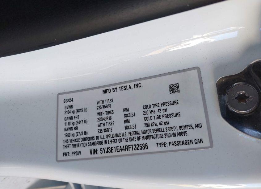 Photo 9 of 2024 Tesla Model 3 REAR-WHEEL DRIVE (VIN 5YJ3E1EA4RF732586)