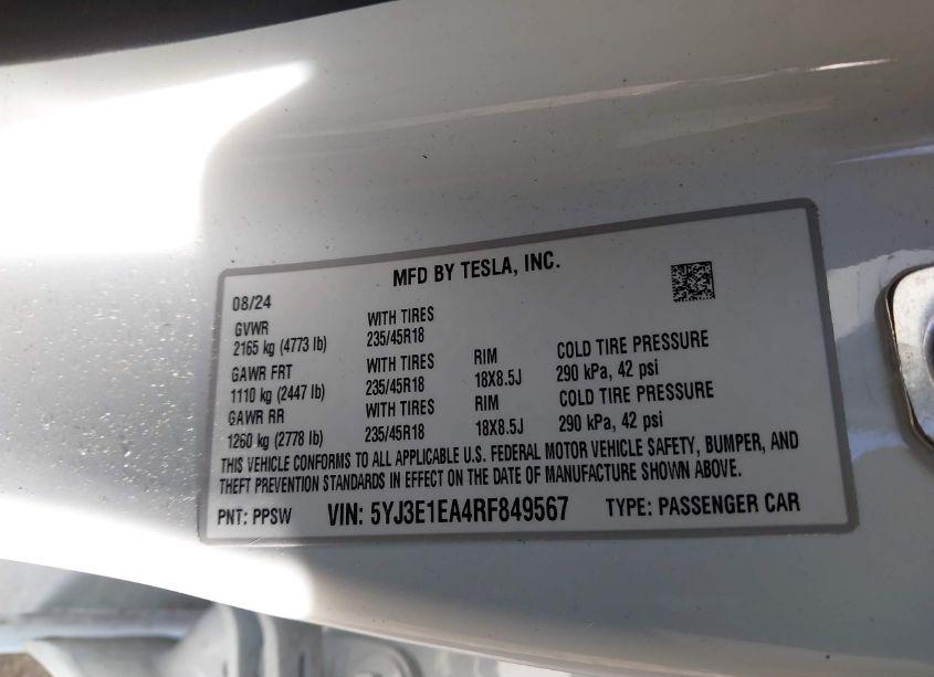 Photo 9 of 2024 Tesla Model 3 REAR-WHEEL DRIVE (VIN 5YJ3E1EA4RF849567)
