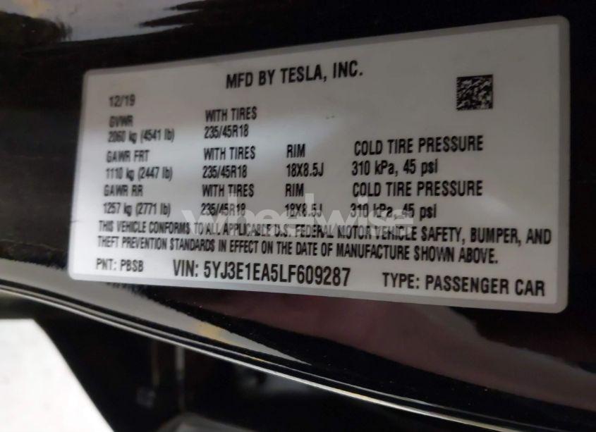 Photo 9 of 2020 Tesla Model 3 STANDARD RANGE PLUS REAR-WHEEL DRIVE/STANDARD RANGE REAR-WHEEL DRIVE (VIN 5YJ3E1EA5LF609287)