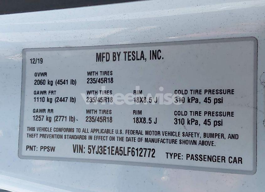 Photo 9 of 2020 Tesla Model 3 STANDARD RANGE PLUS REAR-WHEEL DRIVE/STANDARD RANGE REAR-WHEEL DRIVE (VIN 5YJ3E1EA5LF612772)