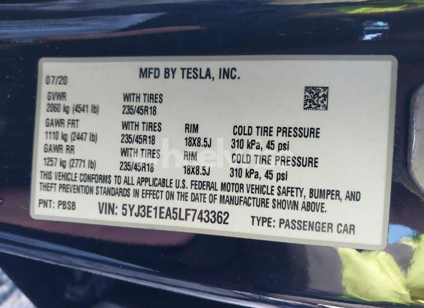 Photo 9 of 2020 Tesla Model 3 STANDARD RANGE PLUS REAR-WHEEL DRIVE/STANDARD RANGE REAR-WHEEL DRIVE (VIN 5YJ3E1EA5LF743362)