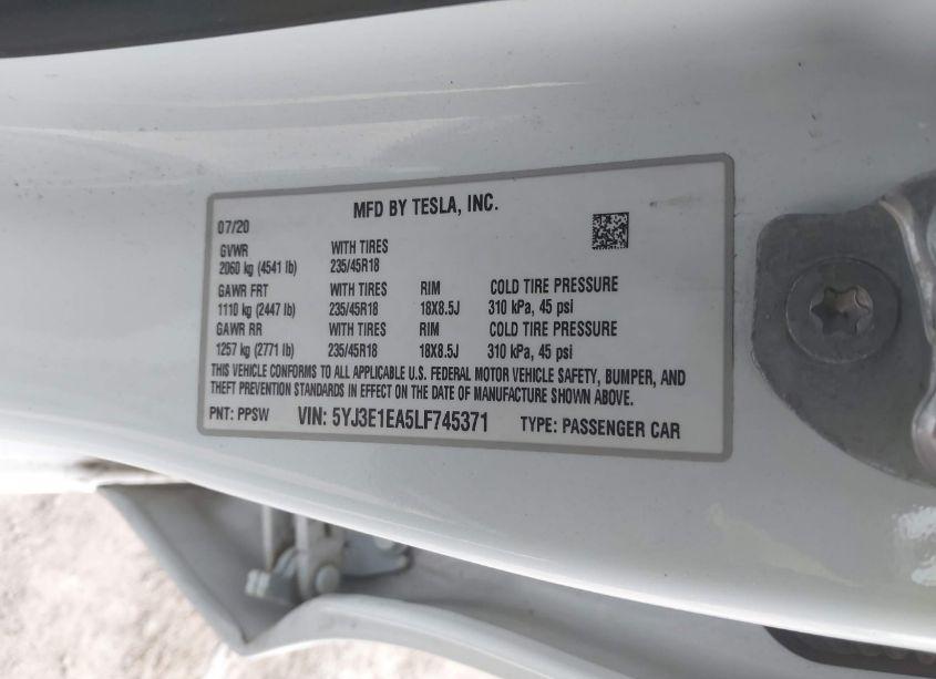 Photo 9 of 2020 Tesla Model 3 STANDARD RANGE PLUS REAR-WHEEL DRIVE/STANDARD RANGE REAR-WHEEL DRIVE (VIN 5YJ3E1EA5LF745371)