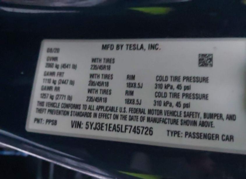 Photo 9 of 2020 Tesla Model 3 STANDARD RANGE PLUS REAR-WHEEL DRIVE/STANDARD RANGE REAR-WHEEL DRIVE (VIN 5YJ3E1EA5LF745726)