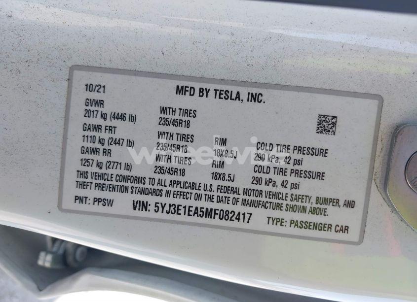 Photo 9 of 2021 Tesla Model 3 STANDARD RANGE PLUS REAR-WHEEL DRIVE (VIN 5YJ3E1EA5MF082417)