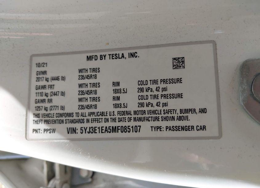 Photo 9 of 2021 Tesla Model 3 STANDARD RANGE PLUS REAR-WHEEL DRIVE (VIN 5YJ3E1EA5MF085107)