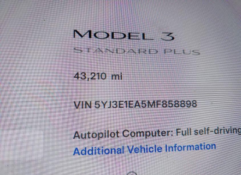Photo 7 of 2021 Tesla Model 3 STANDARD RANGE PLUS REAR-WHEEL DRIVE (VIN 5YJ3E1EA5MF858898)