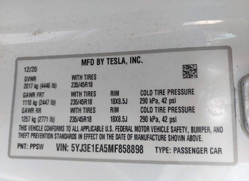 Photo 9 of 2021 Tesla Model 3 STANDARD RANGE PLUS REAR-WHEEL DRIVE (VIN 5YJ3E1EA5MF858898)