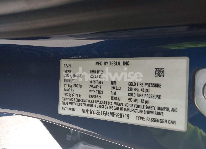 Photo 9 of 2021 Tesla Model 3 STANDARD RANGE PLUS REAR-WHEEL DRIVE (VIN 5YJ3E1EA5MF920719)