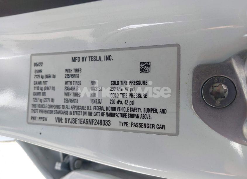 Photo 9 of 2022 Tesla Model 3 REAR-WHEEL DRIVE (VIN 5YJ3E1EA5NF248033)