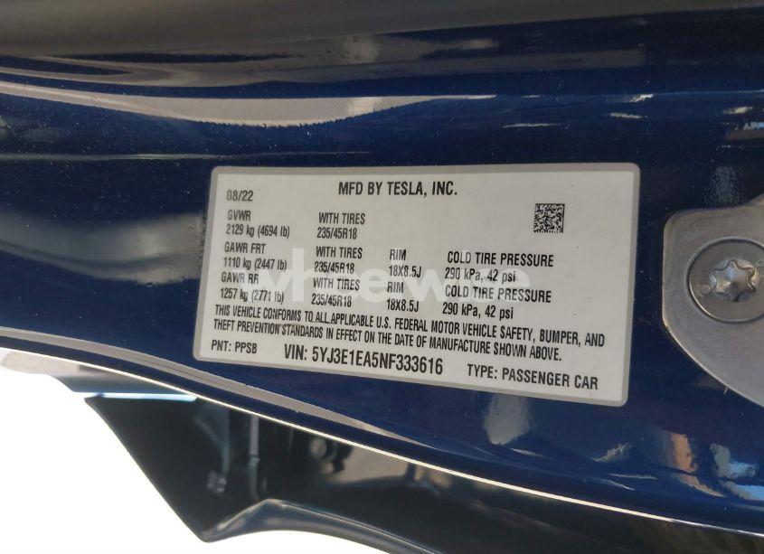 Photo 9 of 2022 Tesla Model 3 REAR-WHEEL DRIVE (VIN 5YJ3E1EA5NF333616)