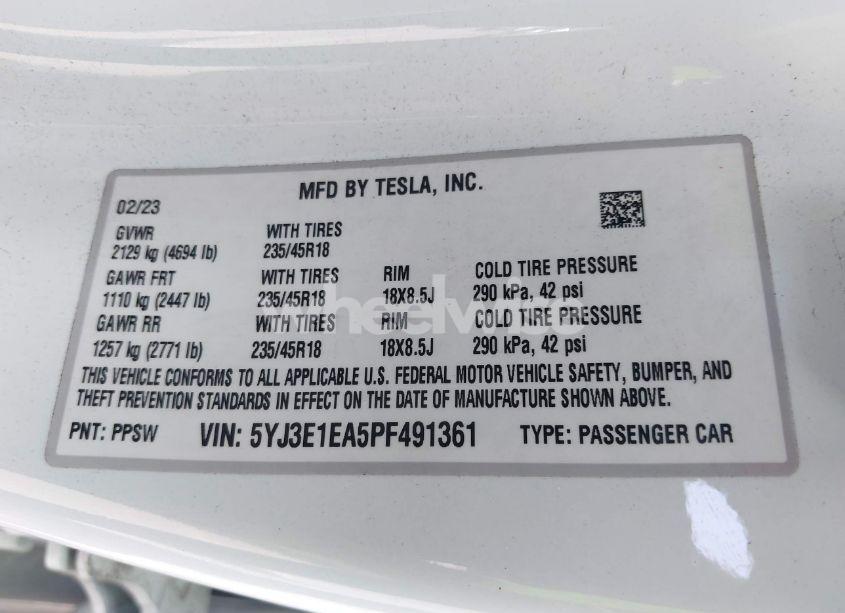 Photo 9 of 2023 Tesla Model 3 REAR-WHEEL DRIVE (VIN 5YJ3E1EA5PF491361)