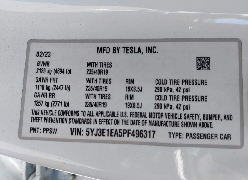 Photo 9 of 2023 Tesla Model 3 REAR-WHEEL DRIVE (VIN 5YJ3E1EA5PF496317)
