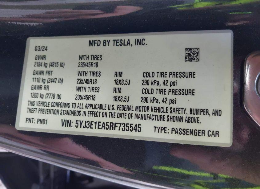 Photo 9 of 2024 Tesla Model 3 REAR-WHEEL DRIVE (VIN 5YJ3E1EA5RF735545)