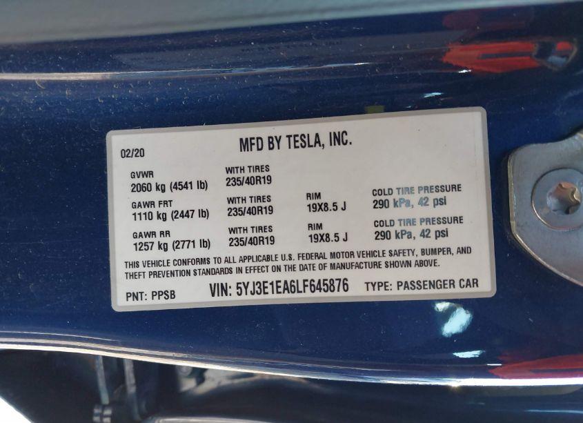 Photo 9 of 2020 Tesla Model 3 STANDARD RANGE PLUS REAR-WHEEL DRIVE/STANDARD RANGE REAR-WHEEL DRIVE (VIN 5YJ3E1EA6LF645876)