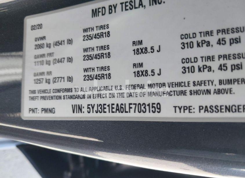 Photo 9 of 2020 Tesla Model 3 STANDARD RANGE PLUS REAR-WHEEL DRIVE/STANDARD RANGE REAR-WHEEL DRIVE (VIN 5YJ3E1EA6LF703159)