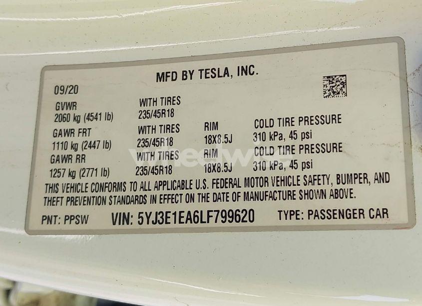 Photo 9 of 2020 Tesla Model 3 STANDARD RANGE PLUS REAR-WHEEL DRIVE/STANDARD RANGE REAR-WHEEL DRIVE (VIN 5YJ3E1EA6LF799620)