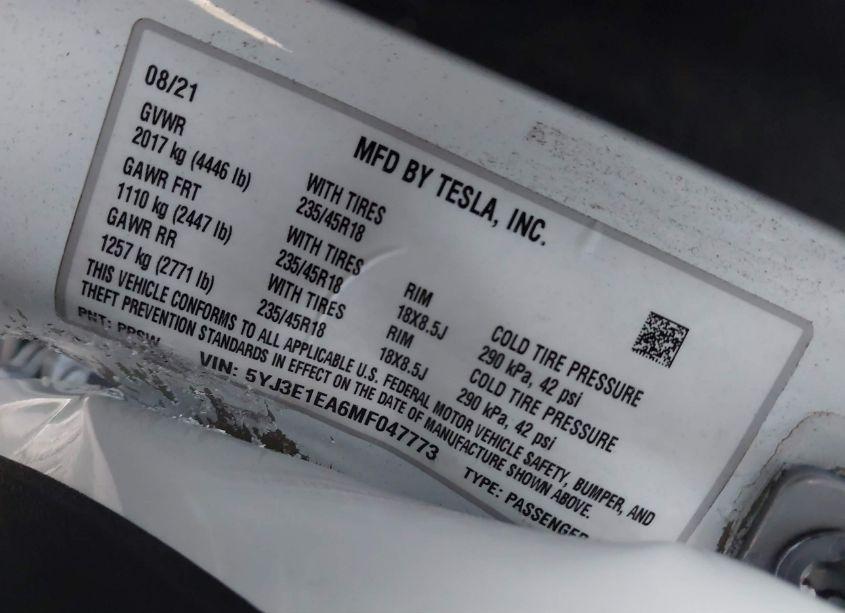 Photo 8 of 2021 Tesla Model 3 STANDARD RANGE PLUS REAR-WHEEL DRIVE (VIN 5YJ3E1EA6MF047773)