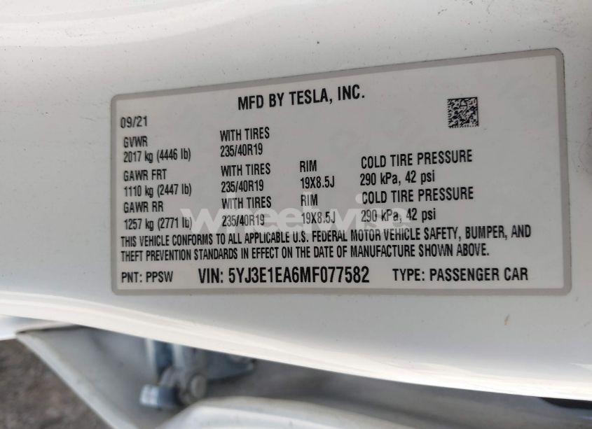 Photo 9 of 2021 Tesla Model 3 STANDARD RANGE PLUS REAR-WHEEL DRIVE (VIN 5YJ3E1EA6MF077582)