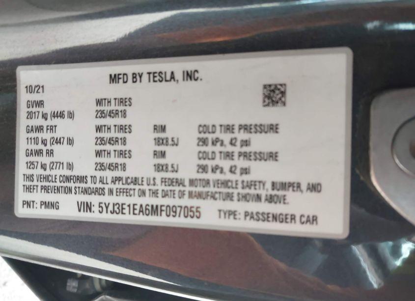 Photo 9 of 2021 Tesla Model 3 STANDARD RANGE PLUS REAR-WHEEL DRIVE (VIN 5YJ3E1EA6MF097055)