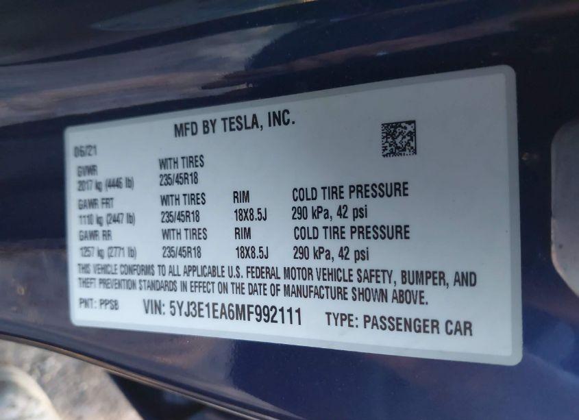 Photo 9 of 2021 Tesla Model 3 STANDARD RANGE PLUS REAR-WHEEL DRIVE (VIN 5YJ3E1EA6MF992111)