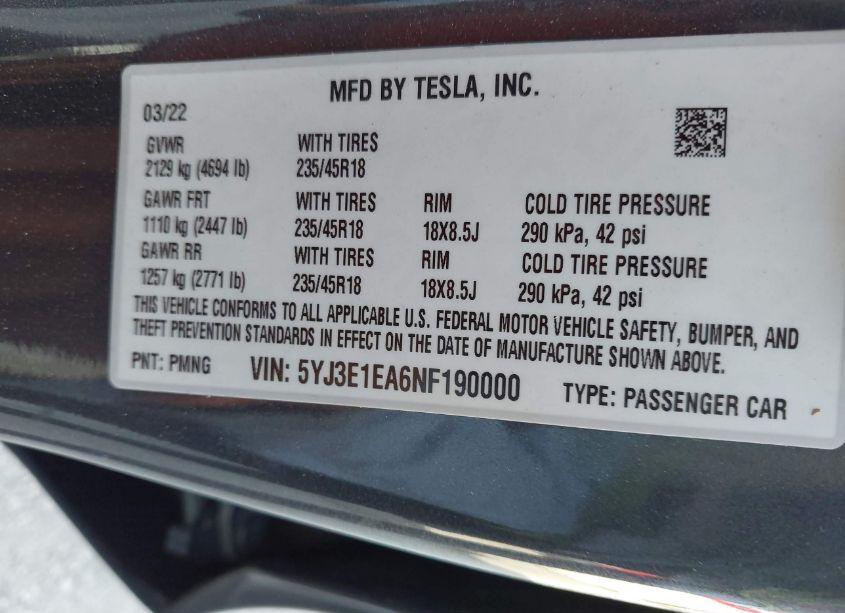Photo 9 of 2022 Tesla Model 3 REAR-WHEEL DRIVE (VIN 5YJ3E1EA6NF190000)