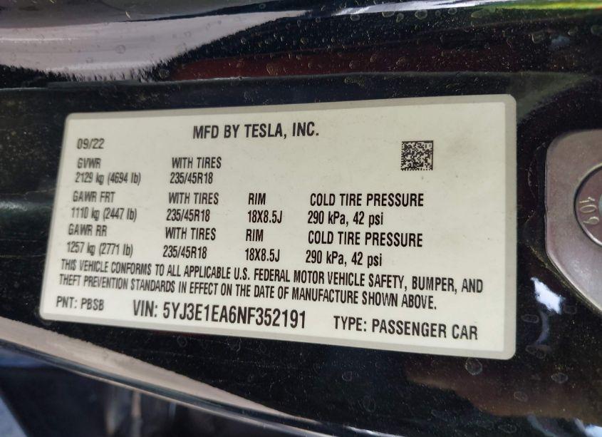 Photo 9 of 2022 Tesla Model 3 REAR-WHEEL DRIVE (VIN 5YJ3E1EA6NF352191)