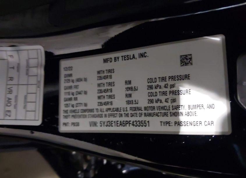 Photo 9 of 2023 Tesla Model 3 REAR-WHEEL DRIVE (VIN 5YJ3E1EA6PF433551)