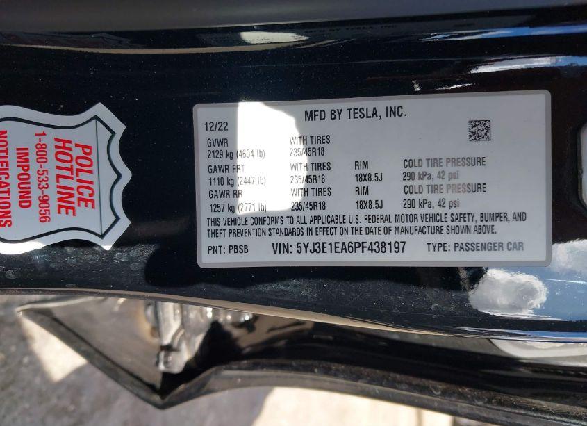 Photo 9 of 2023 Tesla Model 3 REAR-WHEEL DRIVE (VIN 5YJ3E1EA6PF438197)